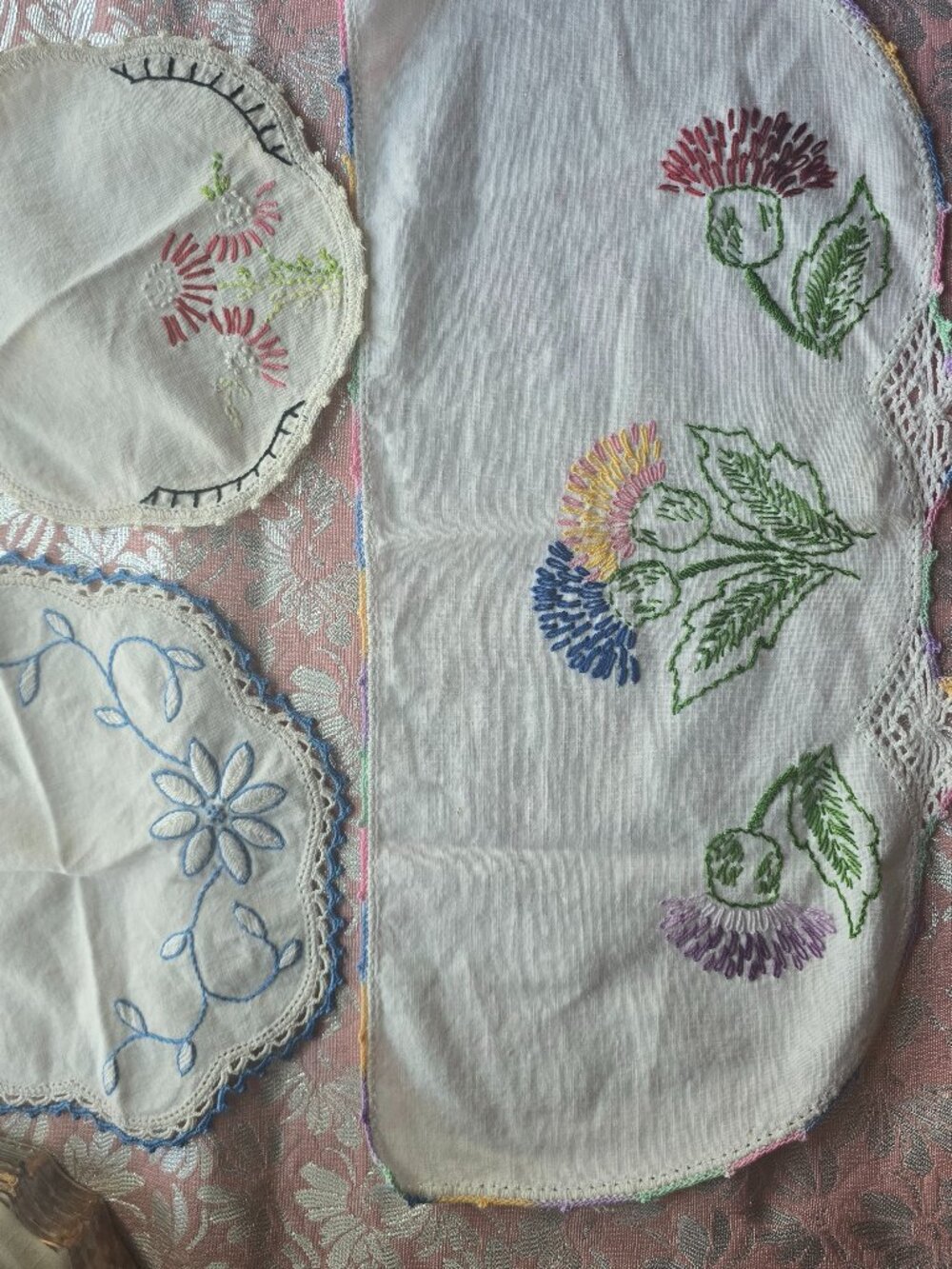 Vintage Handmade Embroidered Doilies (Set of 3) – Floral – ~100 Years Old